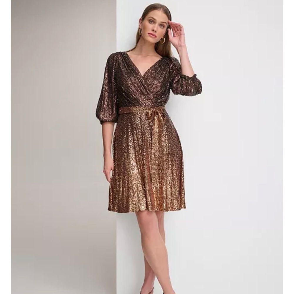 DKNY by Donna Karan Ombre Sequin Mesh Knit 3/4 Sleeve Faux Wrap Dress NWT